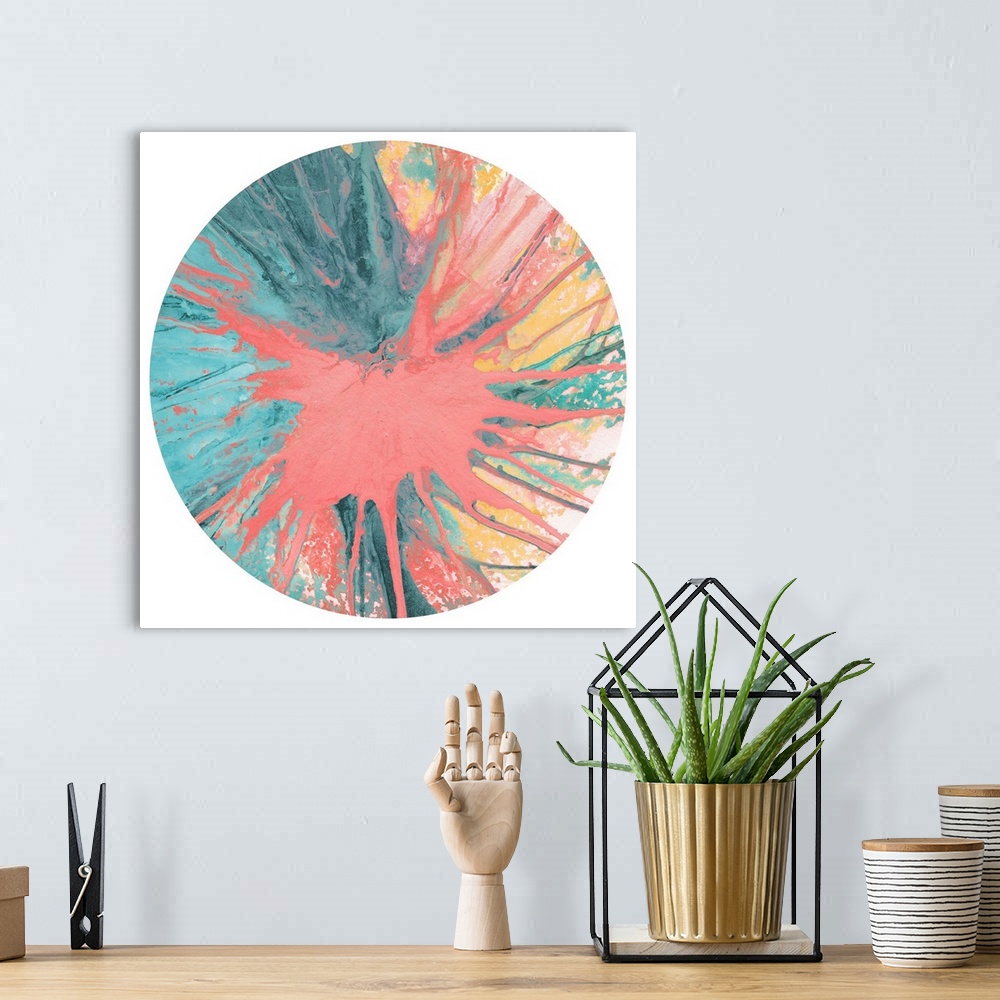 A bohemian room featuring Square abstract spiral spin art inside a circle on white background in shades of pink, yellow, an...