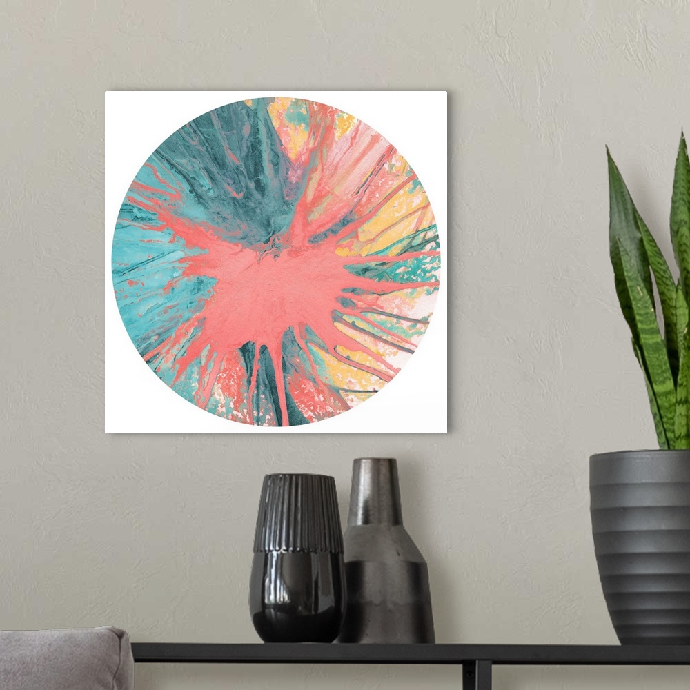 A modern room featuring Square abstract spiral spin art inside a circle on white background in shades of pink, yellow, an...