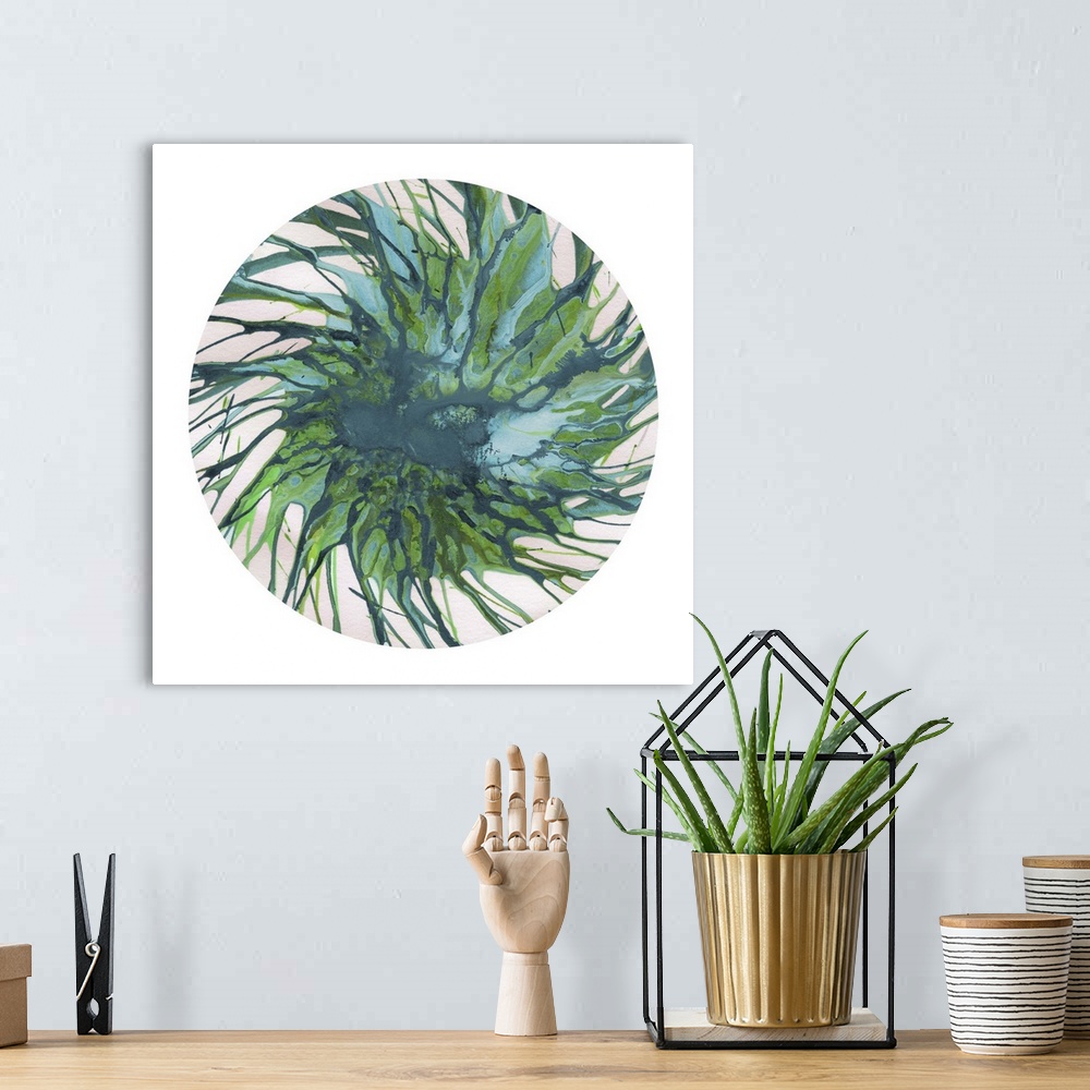 A bohemian room featuring Square abstract spiral spin art inside a circle on white background in shades of blue and green.