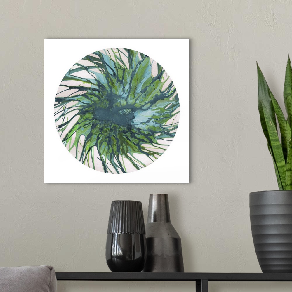 A modern room featuring Square abstract spiral spin art inside a circle on white background in shades of blue and green.