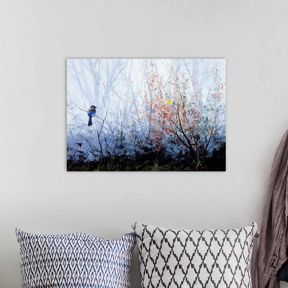 A bohemian room featuring Contemporary painting of a blue bird and a yellow butterfly perched on a branch in the woods.