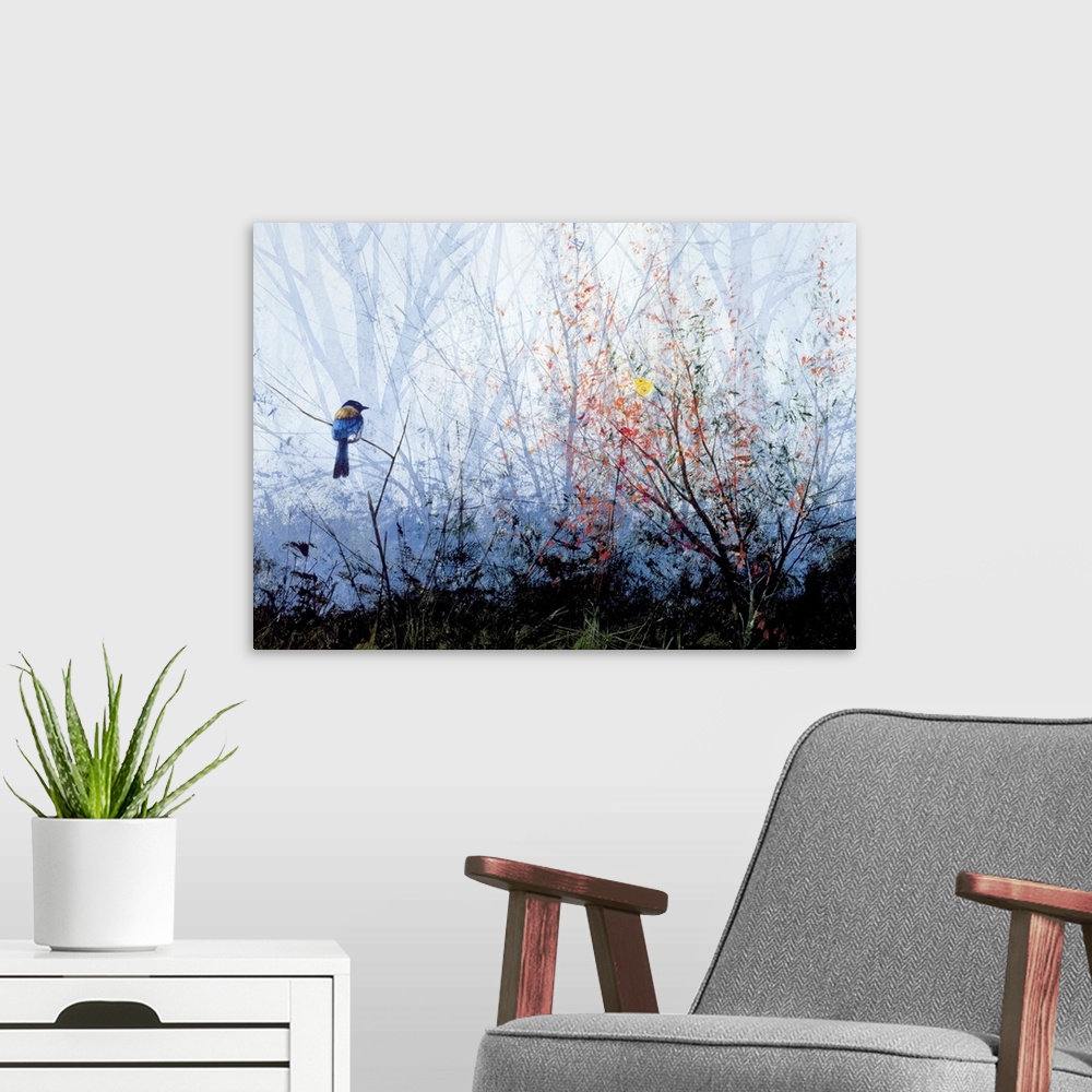 A modern room featuring Contemporary painting of a blue bird and a yellow butterfly perched on a branch in the woods.