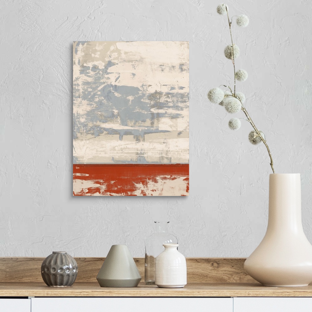 A farmhouse room featuring Large abstract painting with pale pink and grey hues at the top and an orange rectangular section...