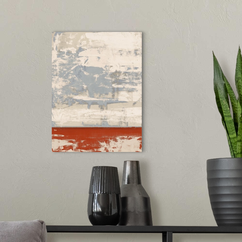 A modern room featuring Large abstract painting with pale pink and grey hues at the top and an orange rectangular section...