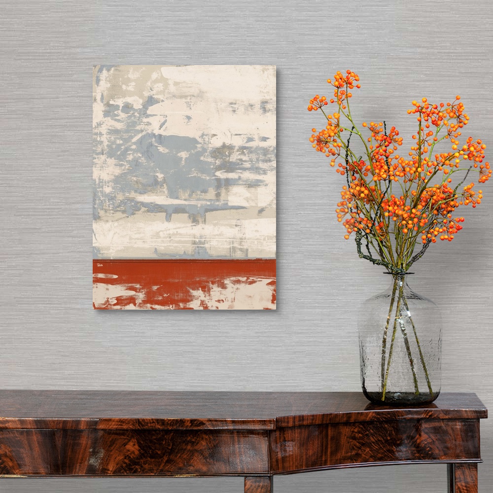 A traditional room featuring Large abstract painting with pale pink and grey hues at the top and an orange rectangular section...