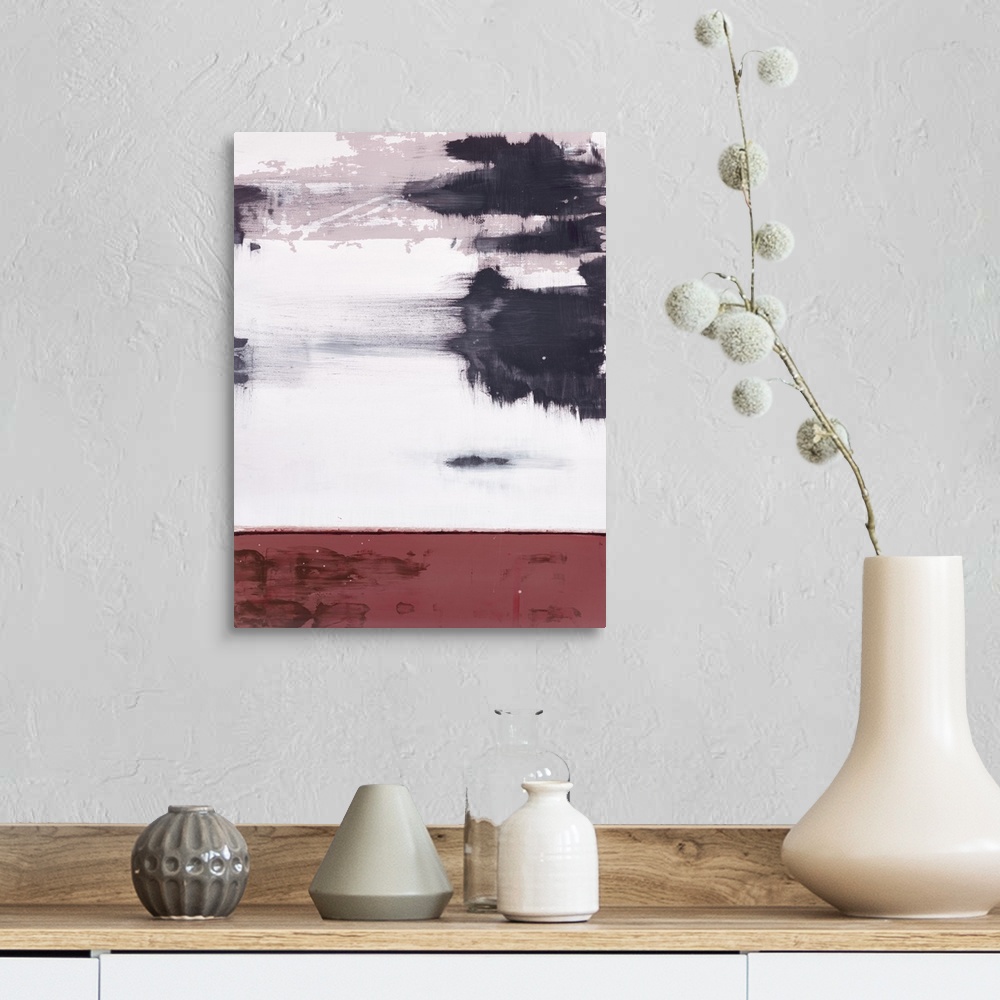 A farmhouse room featuring Contemporary asymmetrical abstract painting with a sectioned burgundy red bottom and indigo brush...