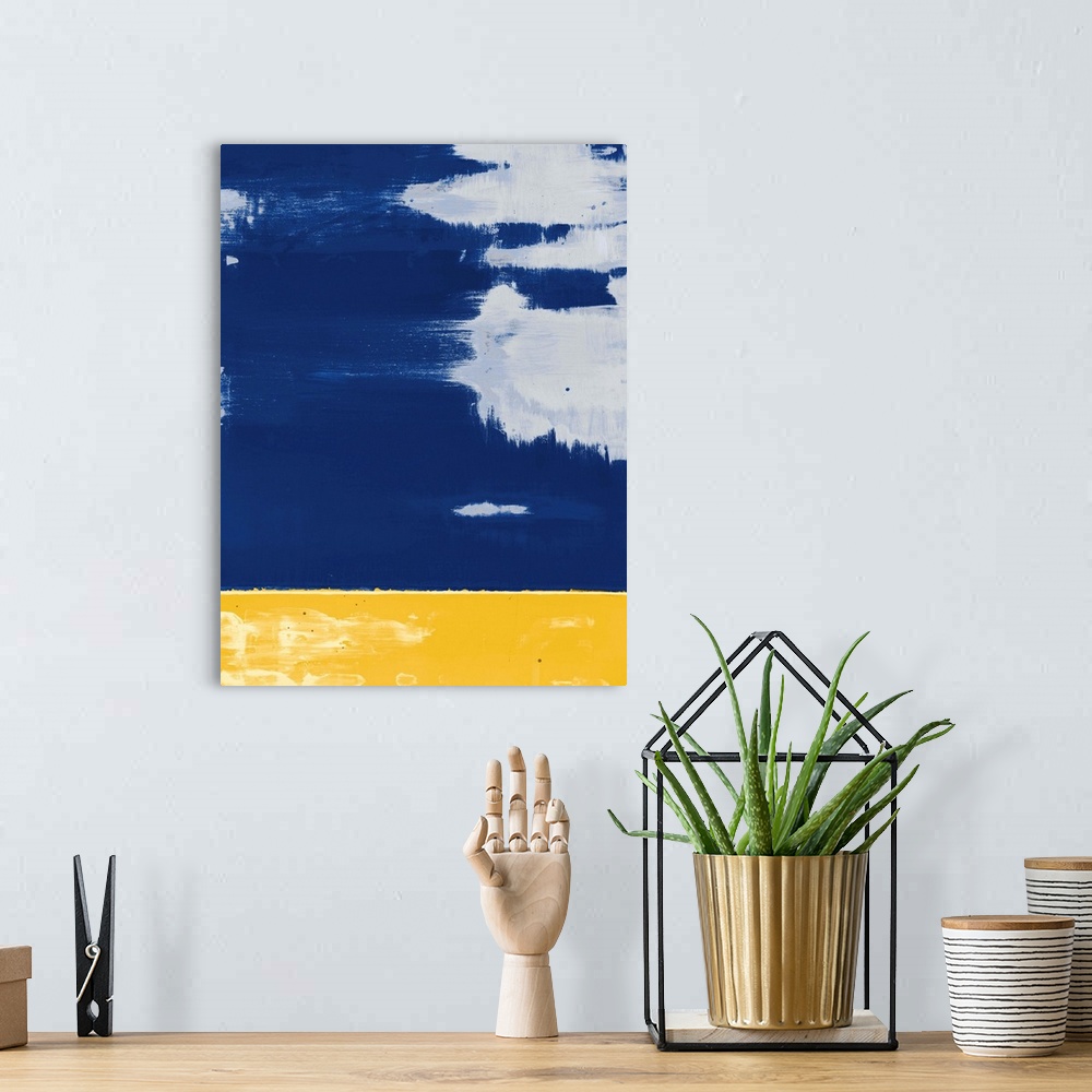 A bohemian room featuring Contemporary asymmetrical abstract painting with a sectioned yellow bottom and a blue top with gr...