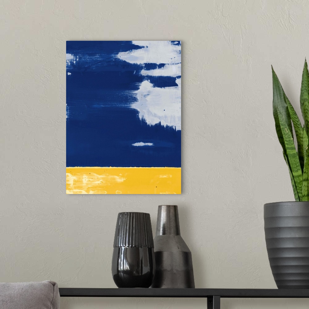 A modern room featuring Contemporary asymmetrical abstract painting with a sectioned yellow bottom and a blue top with gr...
