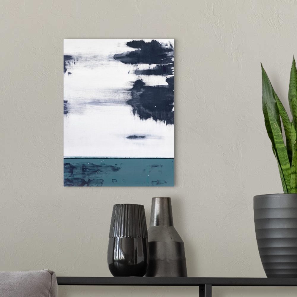 A modern room featuring Contemporary abstract painting using dark muted and neutral tones.