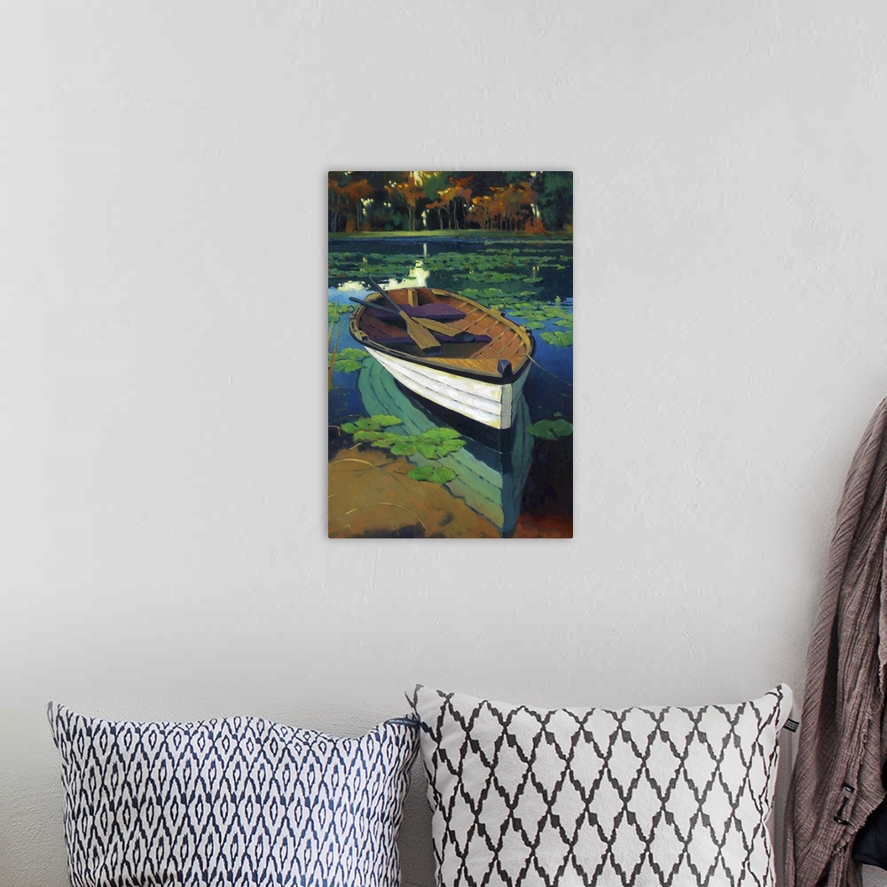A bohemian room featuring Contemporary painting of a wooden rowboat in a pond with lily pads.