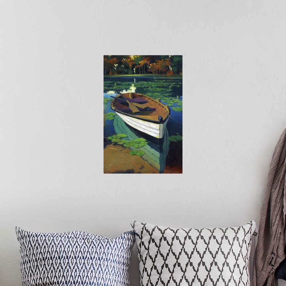 A bohemian room featuring Contemporary painting of a wooden rowboat in a pond with lily pads.
