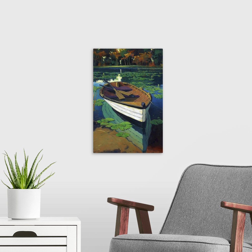 A modern room featuring Contemporary painting of a wooden rowboat in a pond with lily pads.