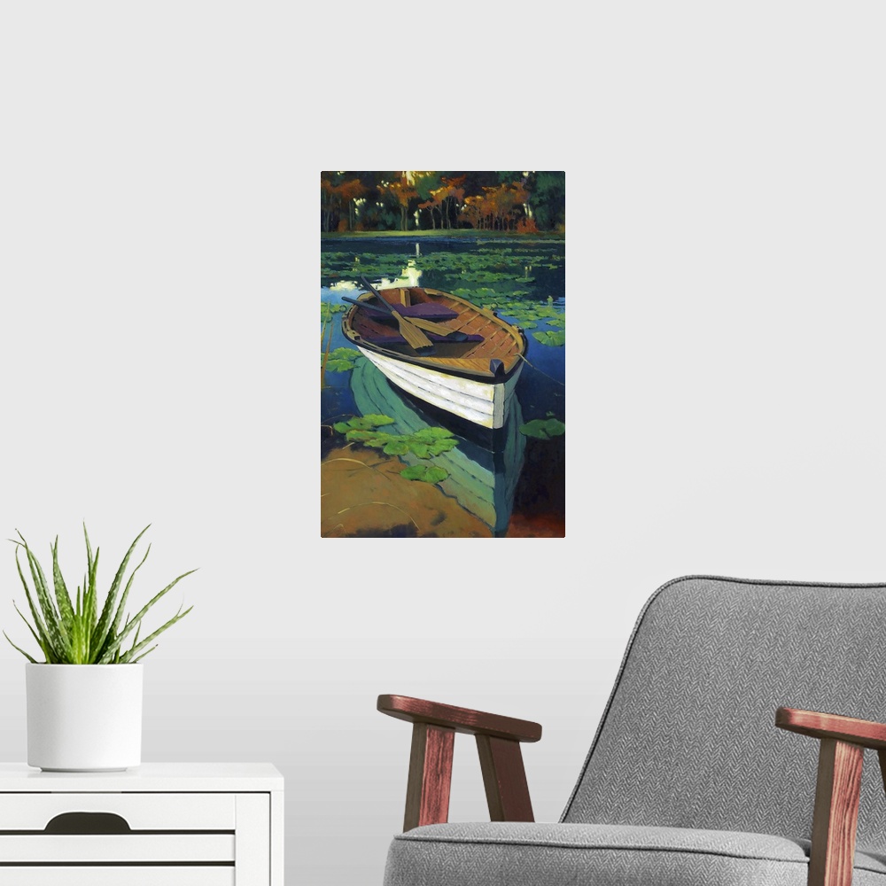 A modern room featuring Contemporary painting of a wooden rowboat in a pond with lily pads.