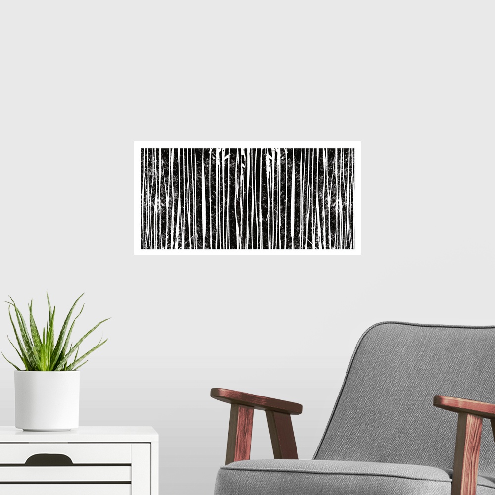 A modern room featuring Abstract artwork of several vertical black and white lines.
