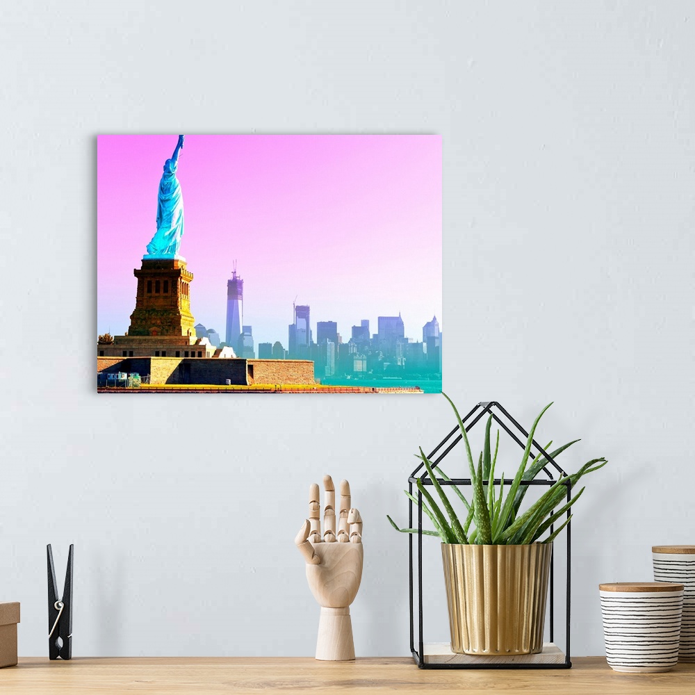A bohemian room featuring Vividly colored photograph of the Statue of Liberty and New York skyline.