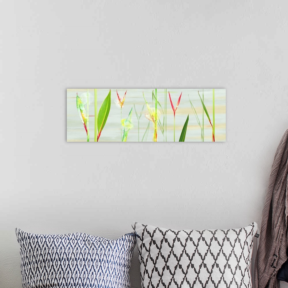 A bohemian room featuring Contemporary mixed media artwork of tropical green leaves.