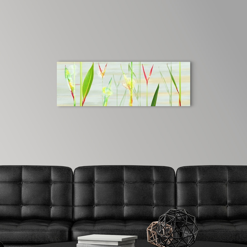 A modern room featuring Contemporary mixed media artwork of tropical green leaves.