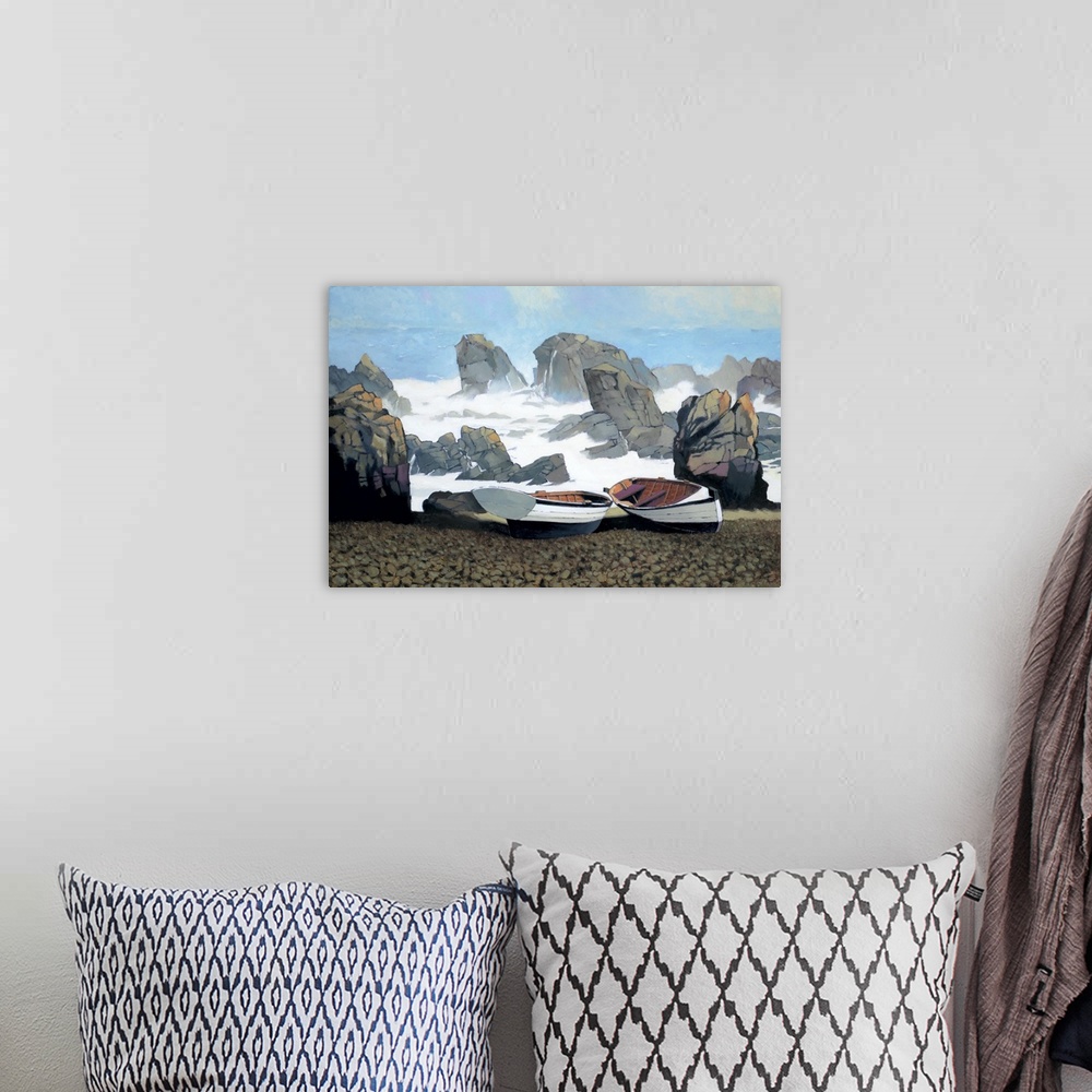 A bohemian room featuring Contemporary painting of a pair of boats on the shore of a rocky coast with stormy waves.