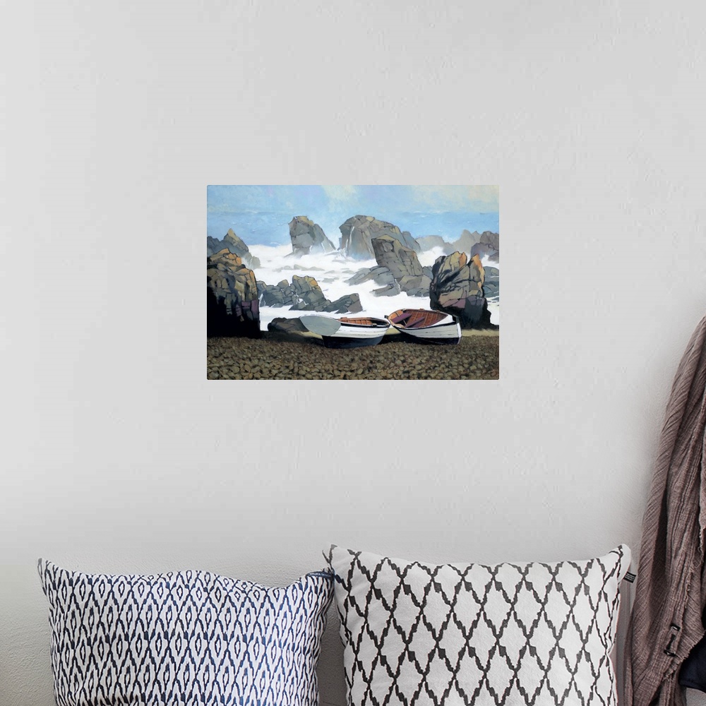 A bohemian room featuring Contemporary painting of a pair of boats on the shore of a rocky coast with stormy waves.