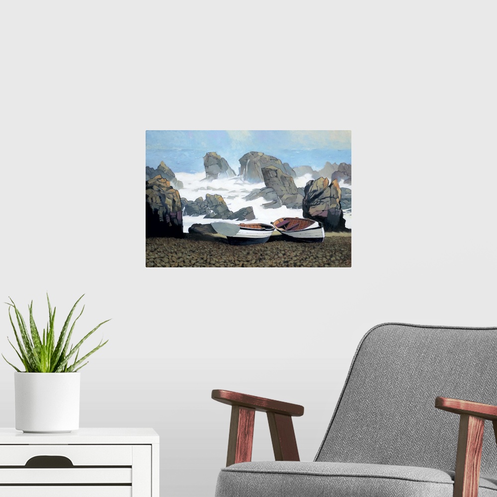 A modern room featuring Contemporary painting of a pair of boats on the shore of a rocky coast with stormy waves.