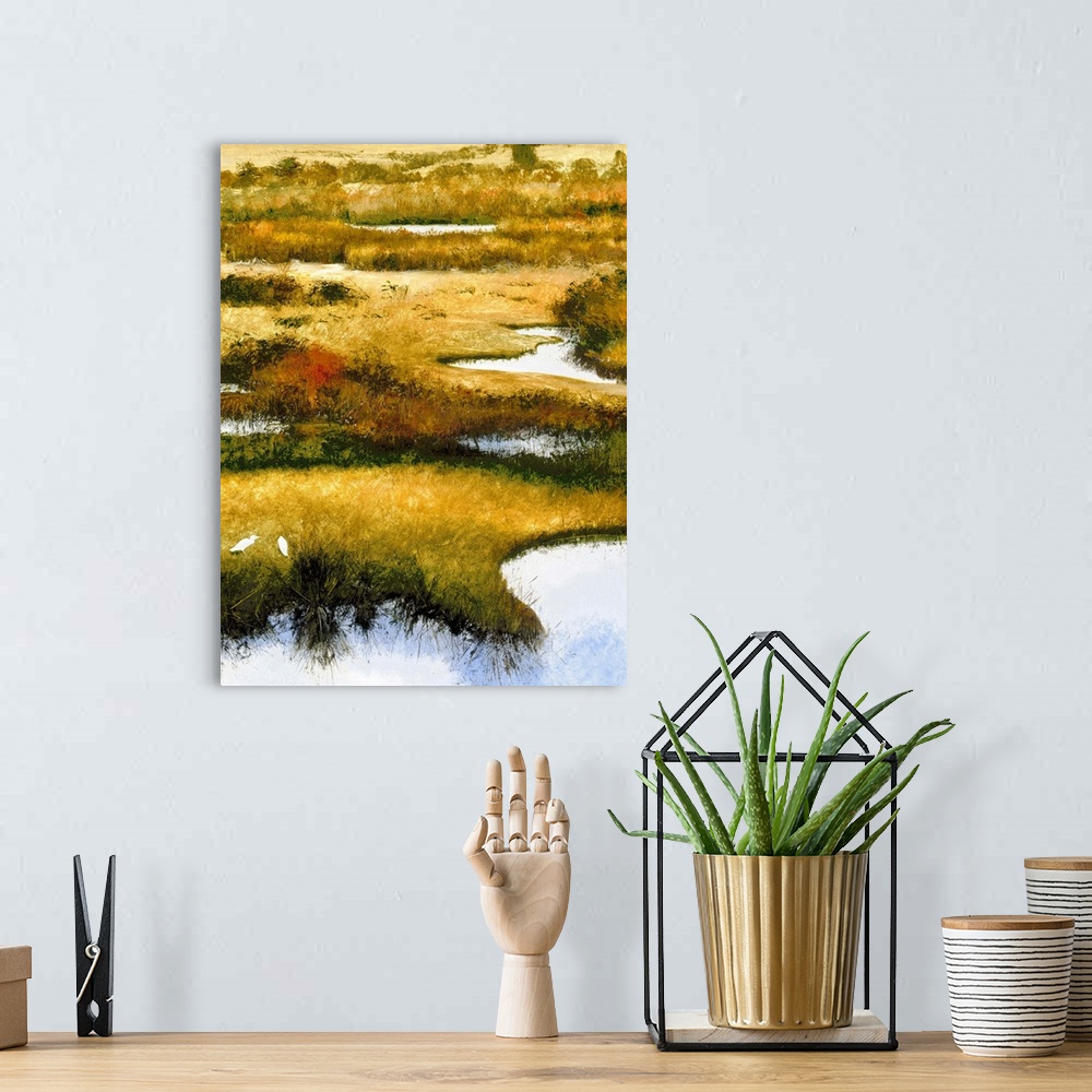 A bohemian room featuring Contemporary painting of two seabirds feeding in a marsh.