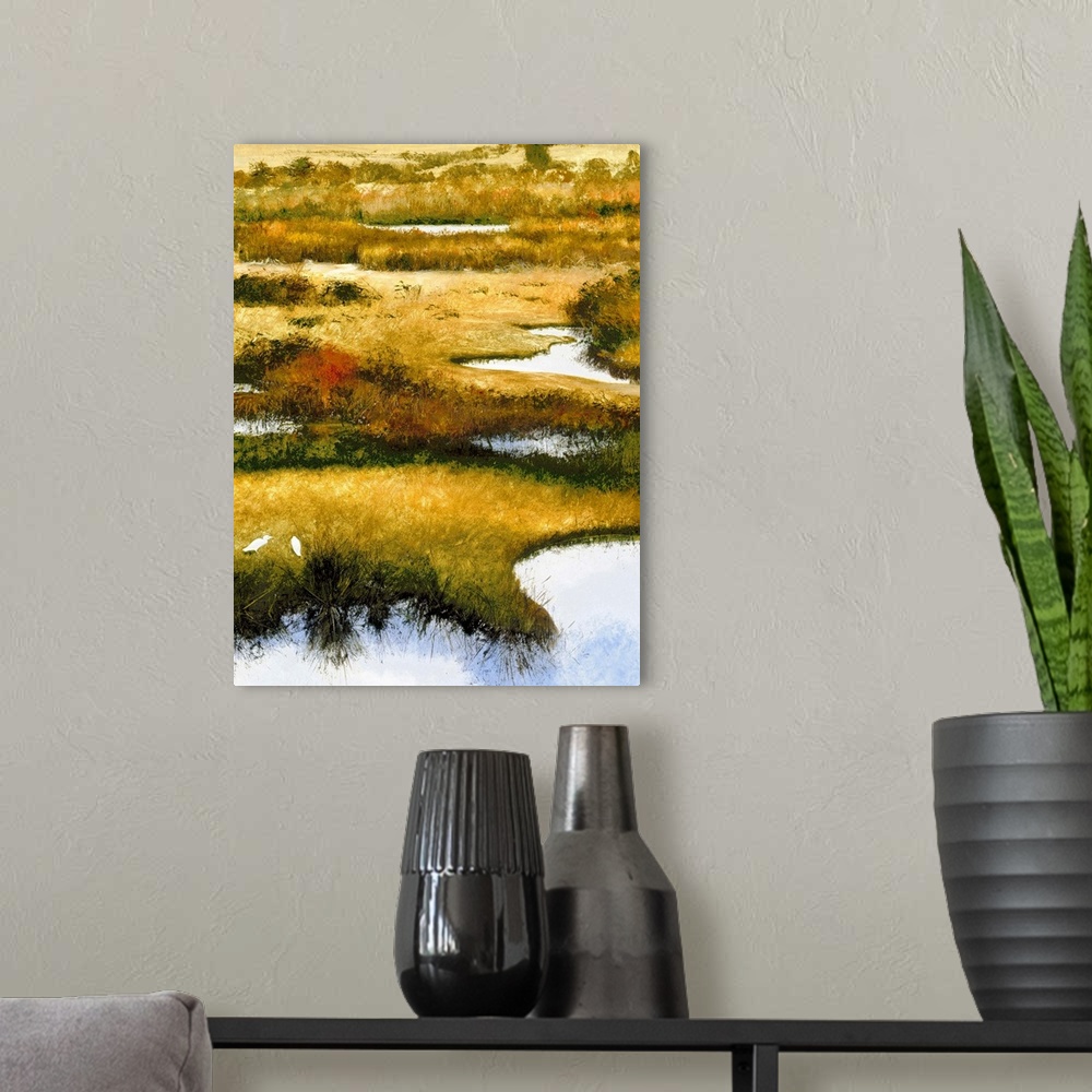 A modern room featuring Contemporary painting of two seabirds feeding in a marsh.