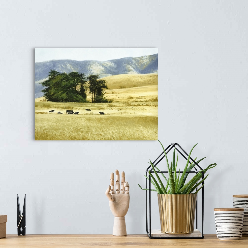 A bohemian room featuring Contemporary painting of cows grazing and laying in a field in the foothills on the countryside.