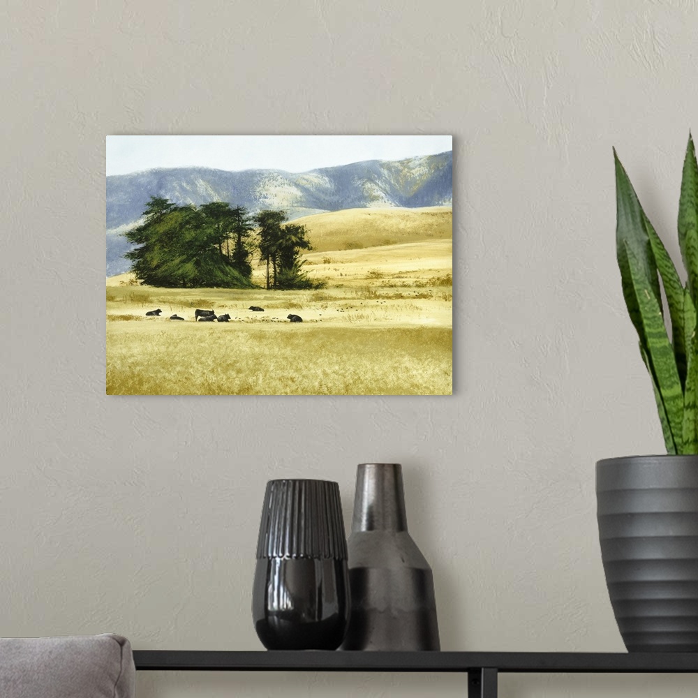 A modern room featuring Contemporary painting of cows grazing and laying in a field in the foothills on the countryside.