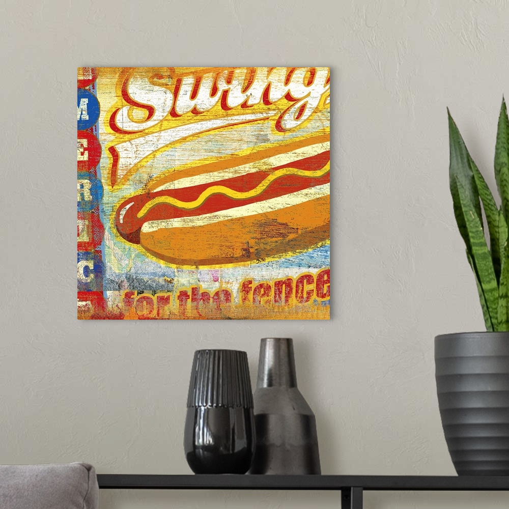 A modern room featuring Vintage poster of a cartoon like hot dog with faded text surrounding it.