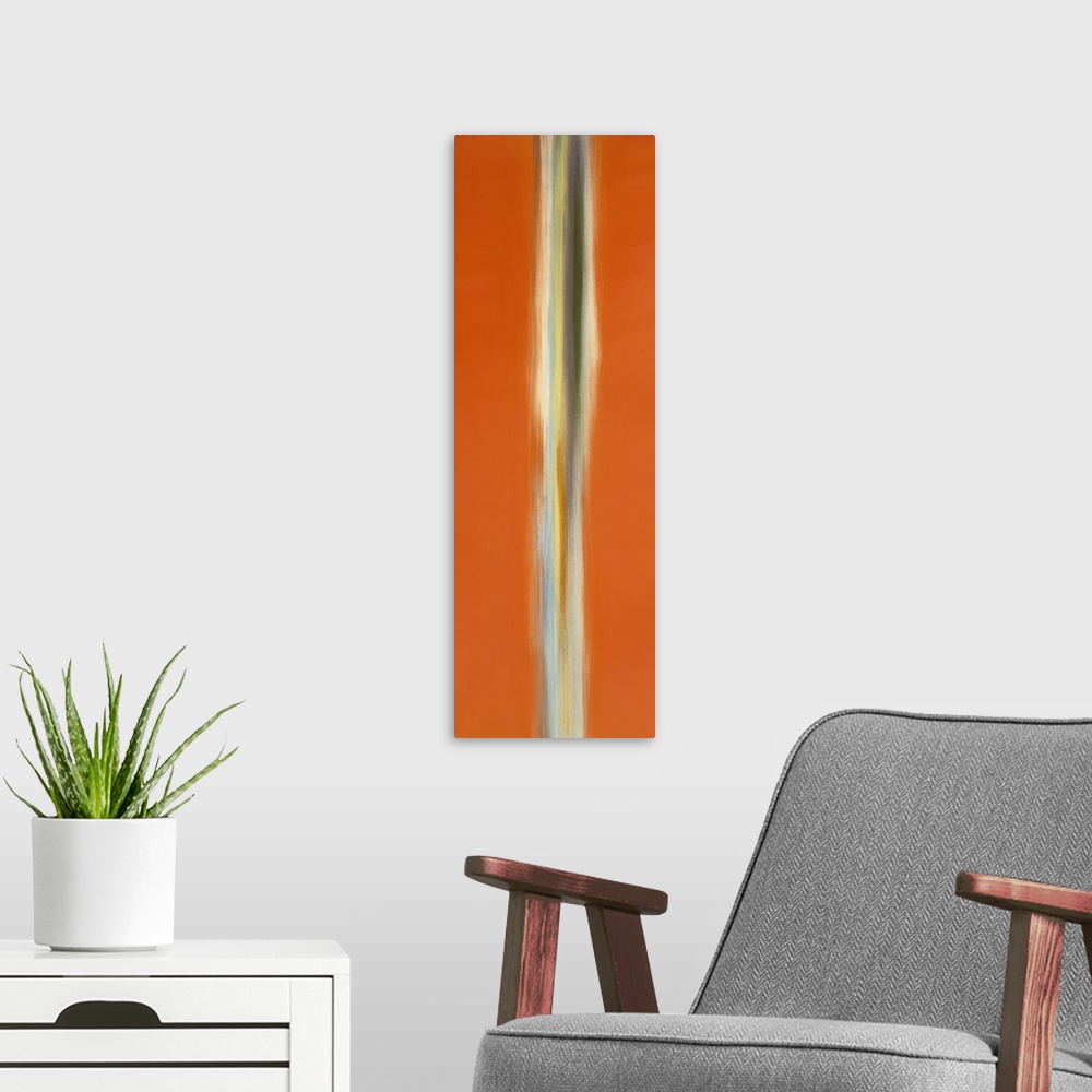 A modern room featuring A tall vertical piece of abstract artwork that has orange on both sides with a neutral colored li...