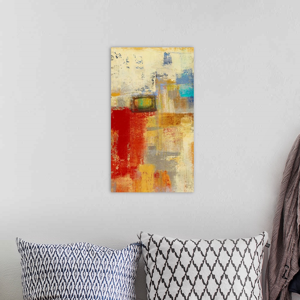 A bohemian room featuring Contemporary abstract painting in bold shades of red and gold.