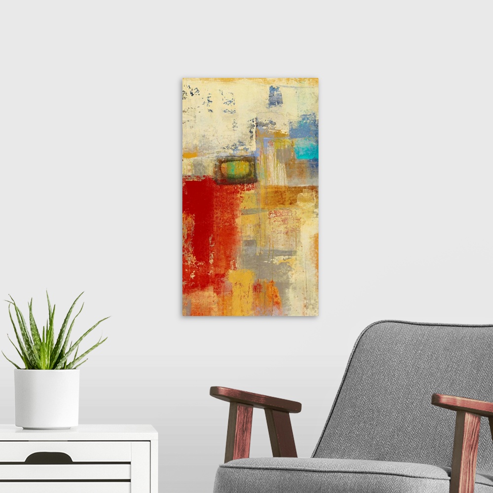 A modern room featuring Contemporary abstract painting in bold shades of red and gold.