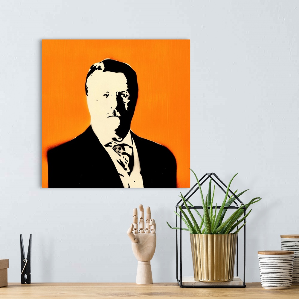 A bohemian room featuring Square spray art of Teddy Roosevelt on a bright orange background.