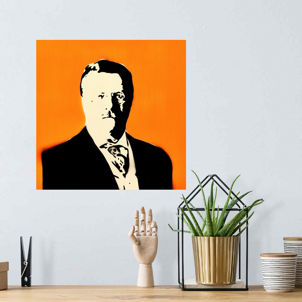 A bohemian room featuring Square spray art of Teddy Roosevelt on a bright orange background.