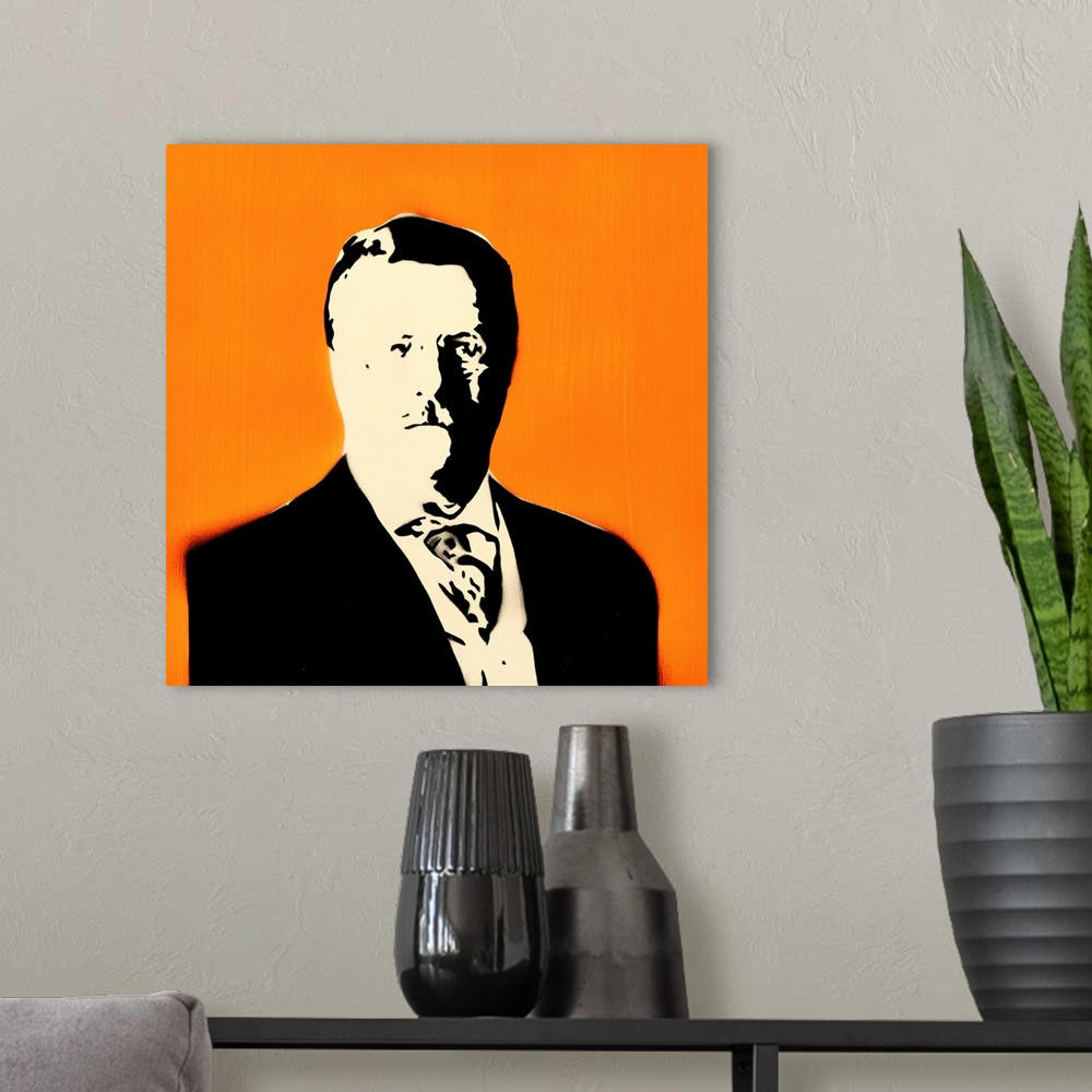 A modern room featuring Square spray art of Teddy Roosevelt on a bright orange background.