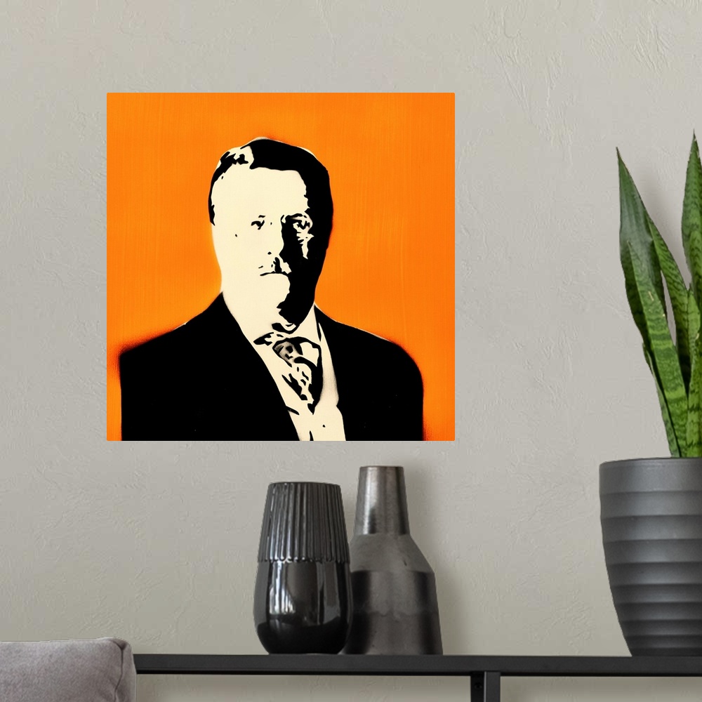 A modern room featuring Square spray art of Teddy Roosevelt on a bright orange background.
