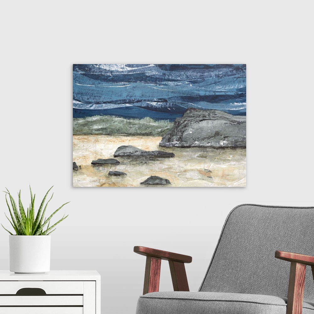 A modern room featuring Abstract landscape painting with a rocky ground and a wavy blue sky.