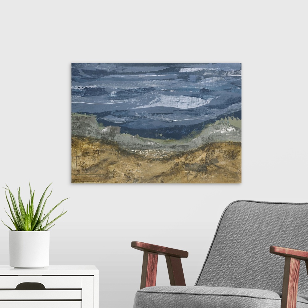 A modern room featuring Abstract painting of a landscape with rolling hills and a green valley in the distance and a wavy...