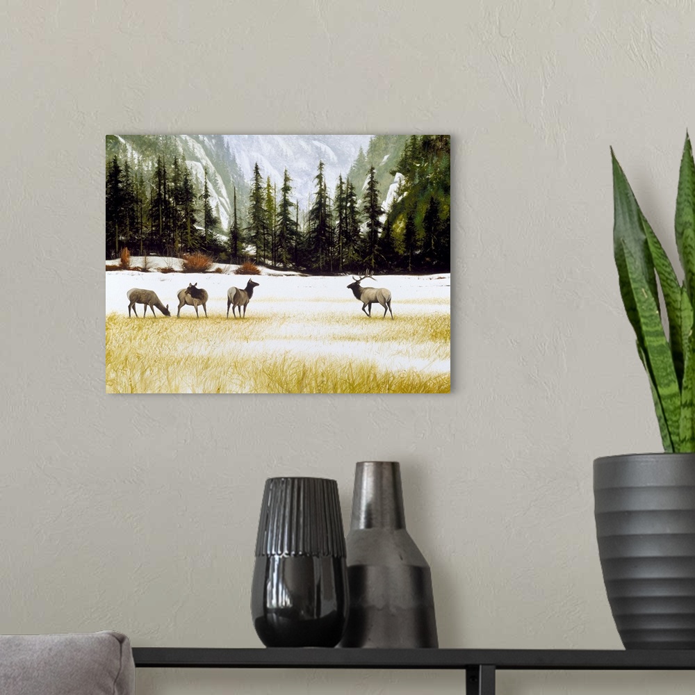 A modern room featuring Contemporary painting of four elk in a snowy valley with pine trees and mountains in the background.