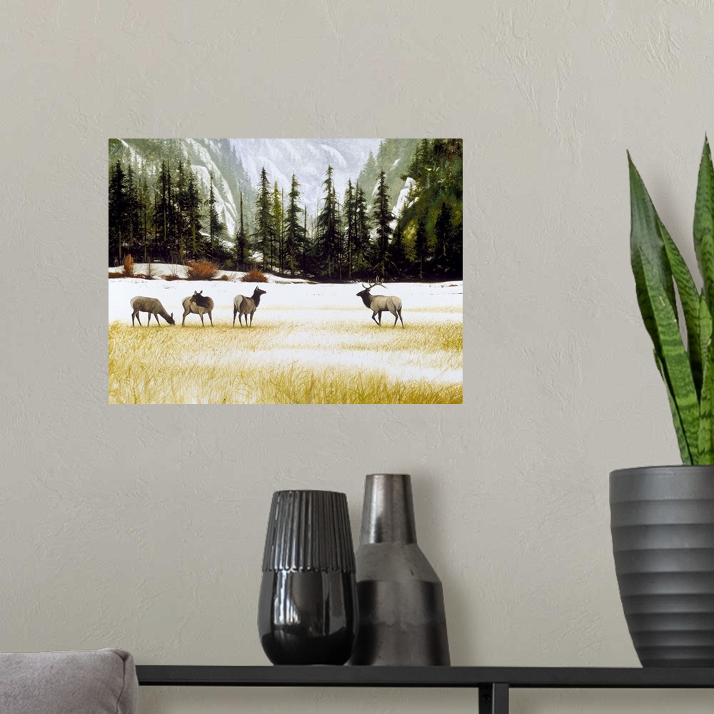 A modern room featuring Contemporary painting of four elk in a snowy valley with pine trees and mountains in the background.