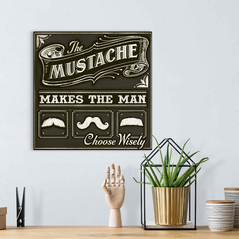 A bohemian room featuring Contemporary chalkboard artwork of a different styles of mustaches.