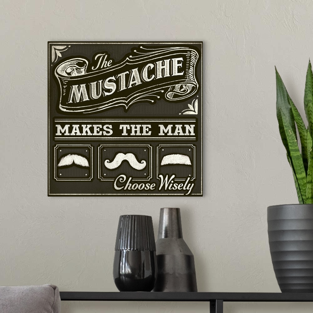 A modern room featuring Contemporary chalkboard artwork of a different styles of mustaches.