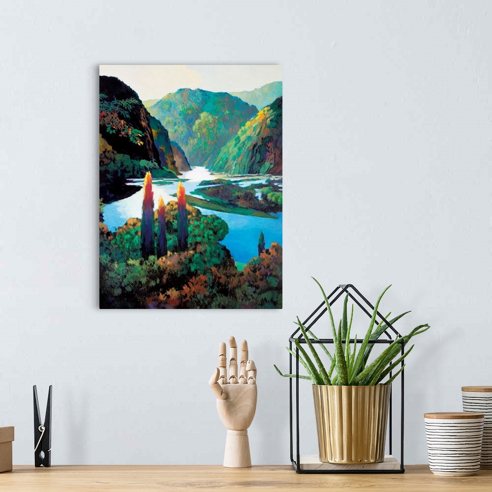A bohemian room featuring Contemporary painting of a winding river in a mountain landscape.