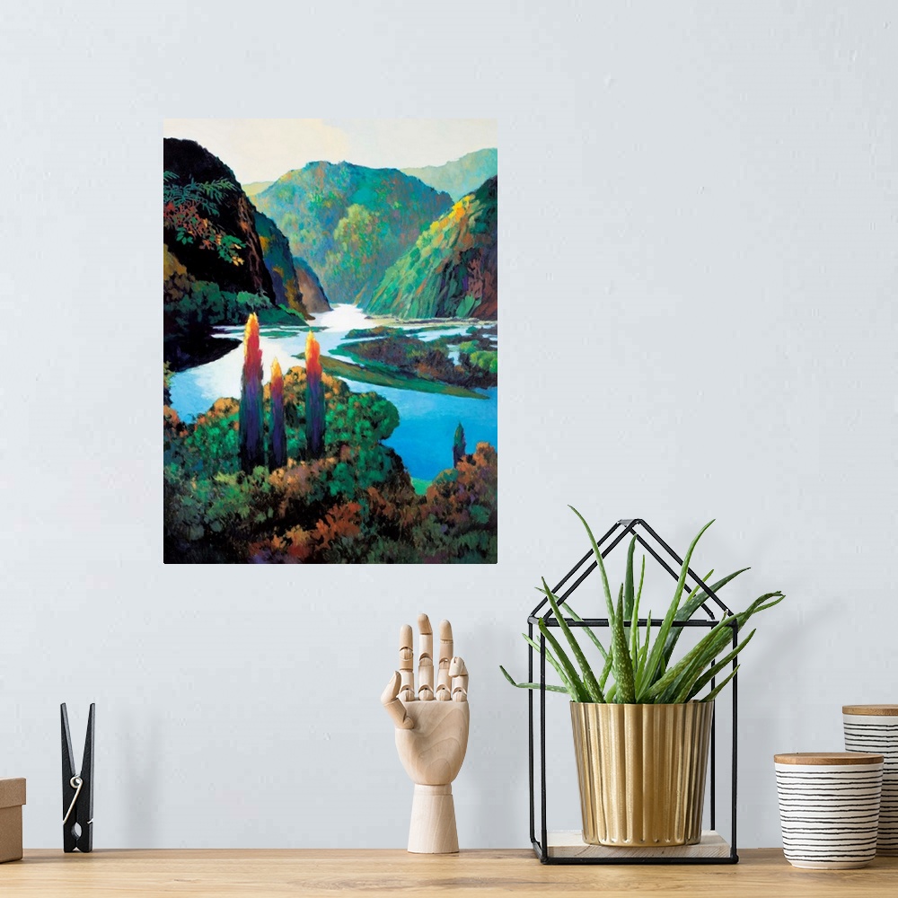 A bohemian room featuring Contemporary painting of a winding river in a mountain landscape.