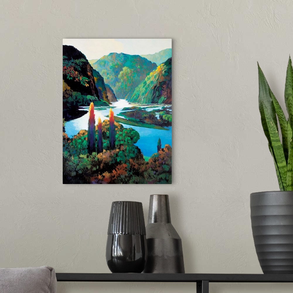 A modern room featuring Contemporary painting of a winding river in a mountain landscape.
