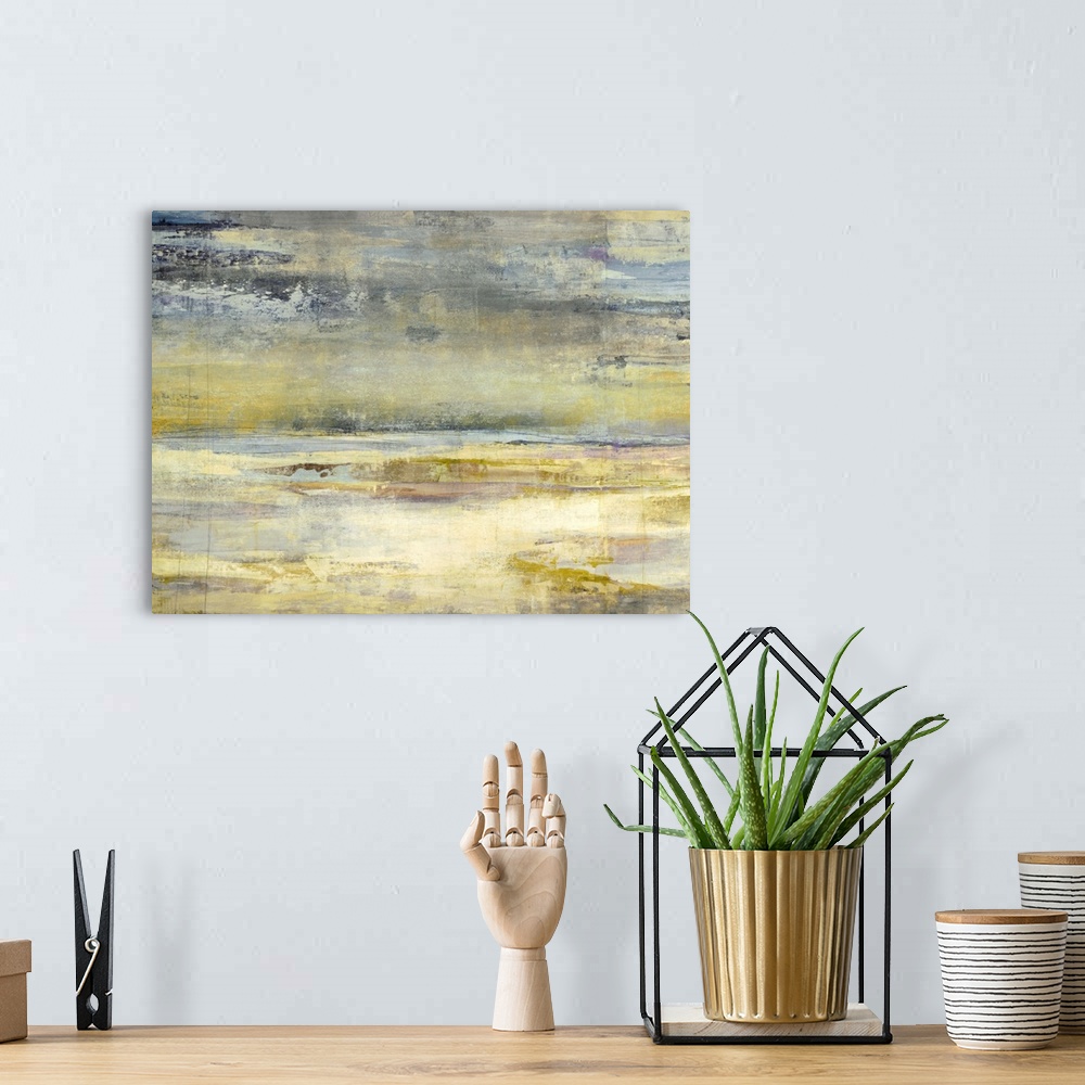 A bohemian room featuring Abstract painting created with horizontal brush strokes in shades of yellow, blue, brown, and gra...