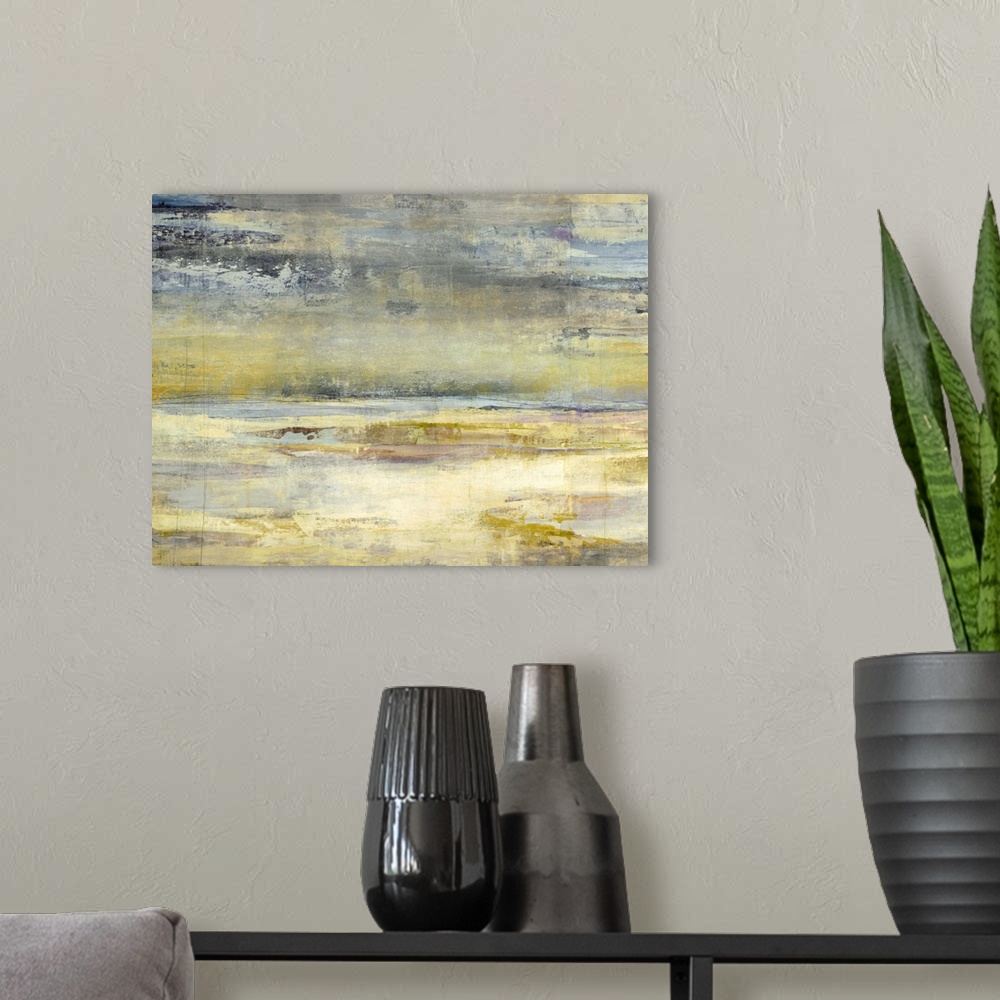 A modern room featuring Abstract painting created with horizontal brush strokes in shades of yellow, blue, brown, and gra...