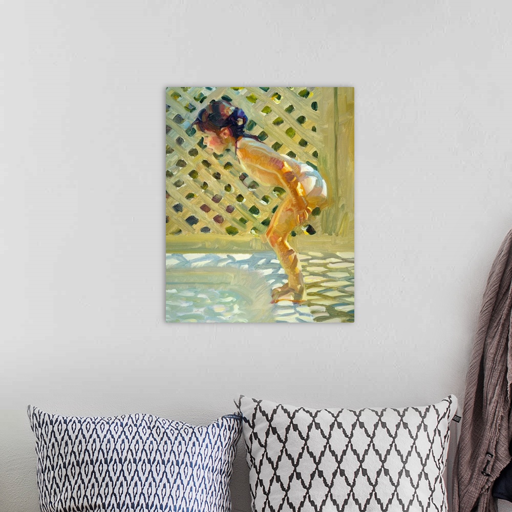 A bohemian room featuring A contemporary painting of a little girl about to dive into a pool.