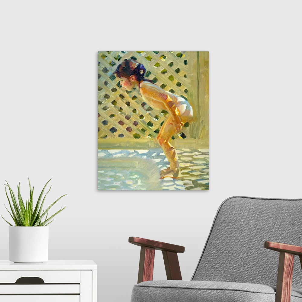 A modern room featuring A contemporary painting of a little girl about to dive into a pool.