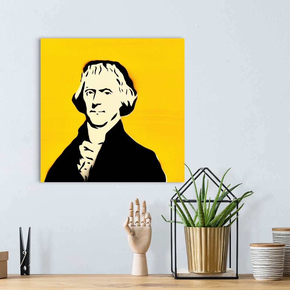 A bohemian room featuring Square spray art of Thomas Jefferson on a bright yellow background.